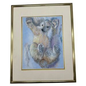 Polar Bear at play Pastel Artwork In Gold Frame felt blue white wire hanger READ